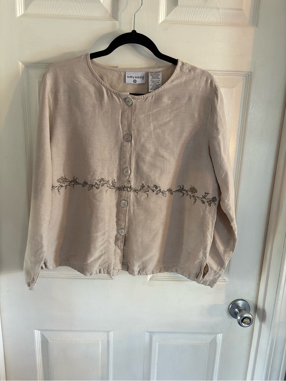 vintage Mori Ke Beige Linen Floral Embroidered L blouse Granola Cottagecore top